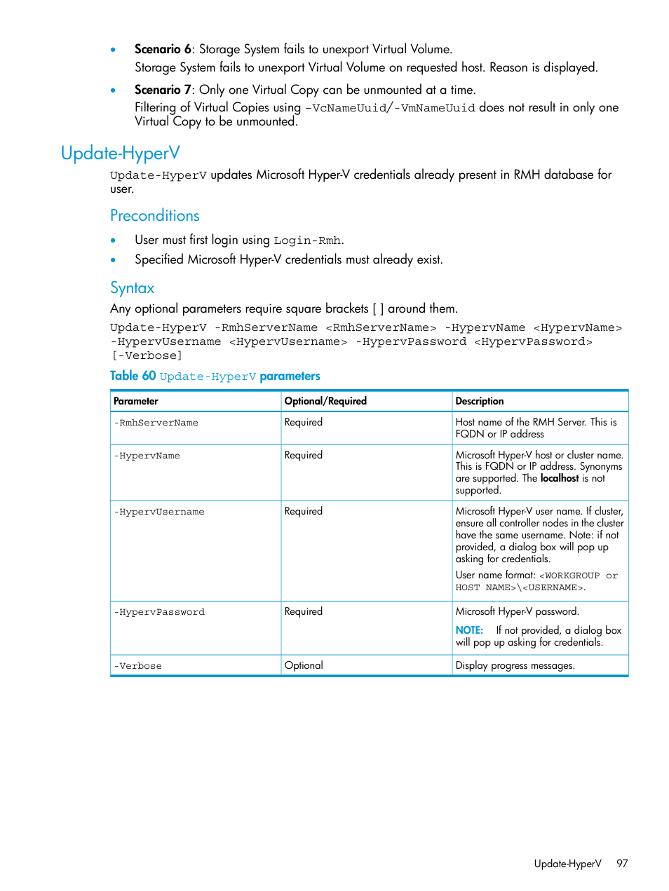 Update-hyperv, Preconditions, Syntax | HP 3PAR Application Software Suite for Microsoft Hyper-V User Manual | Page 97 / 106