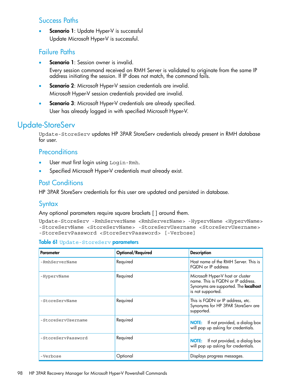 Update-storeserv, Success paths, Failure paths | Preconditions, Post conditions, Syntax | HP 3PAR Application Software Suite for Microsoft Hyper-V User Manual | Page 98 / 106