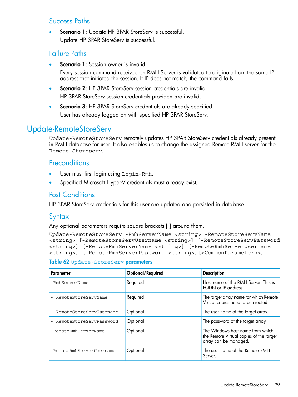 Update-remotestoreserv, Success paths, Failure paths | Preconditions, Post conditions, Syntax | HP 3PAR Application Software Suite for Microsoft Hyper-V User Manual | Page 99 / 106