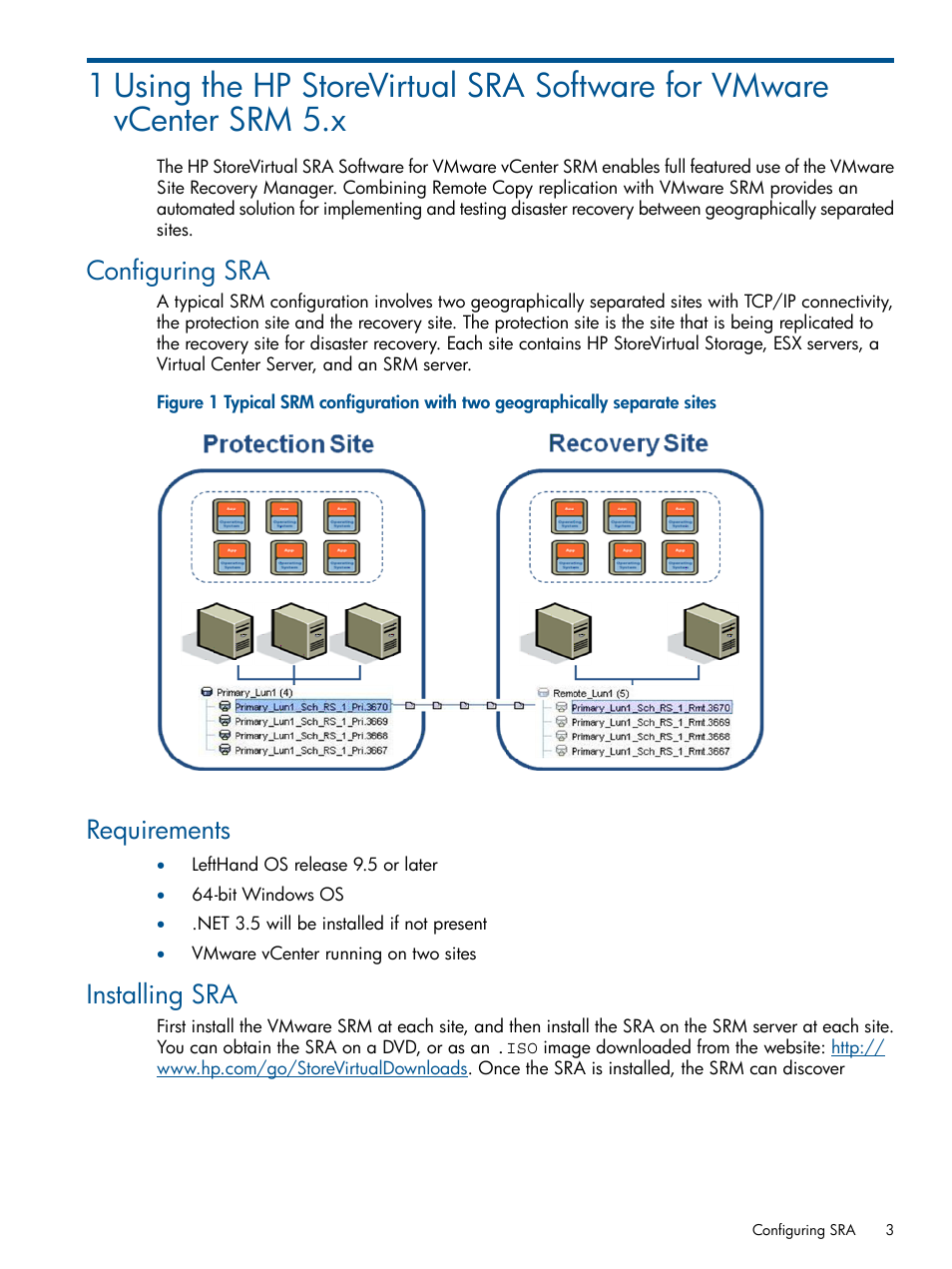 Configuring sra, Requirements, Installing sra | HP LeftHand P4000 SAN Solutions User Manual | Page 3 / 9