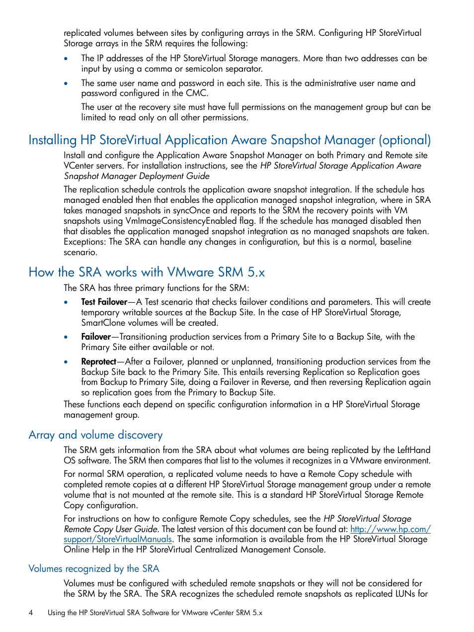 How the sra works with vmware srm 5.x, Array and volume discovery, Volumes recognized by the sra | HP LeftHand P4000 SAN Solutions User Manual | Page 4 / 9