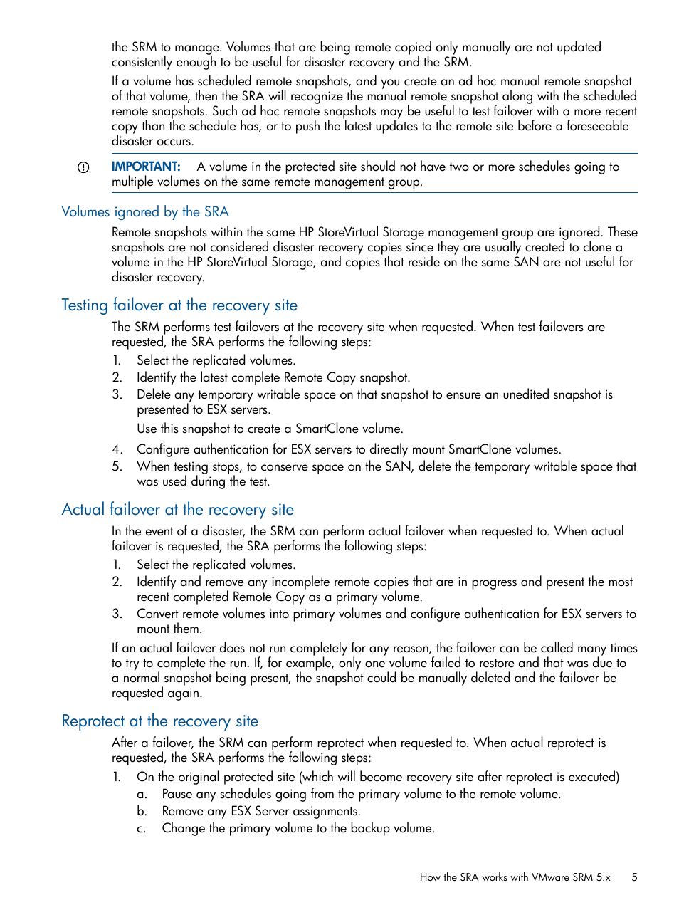 Volumes ignored by the sra, Testing failover at the recovery site, Actual failover at the recovery site | Reprotect at the recovery site | HP LeftHand P4000 SAN Solutions User Manual | Page 5 / 9