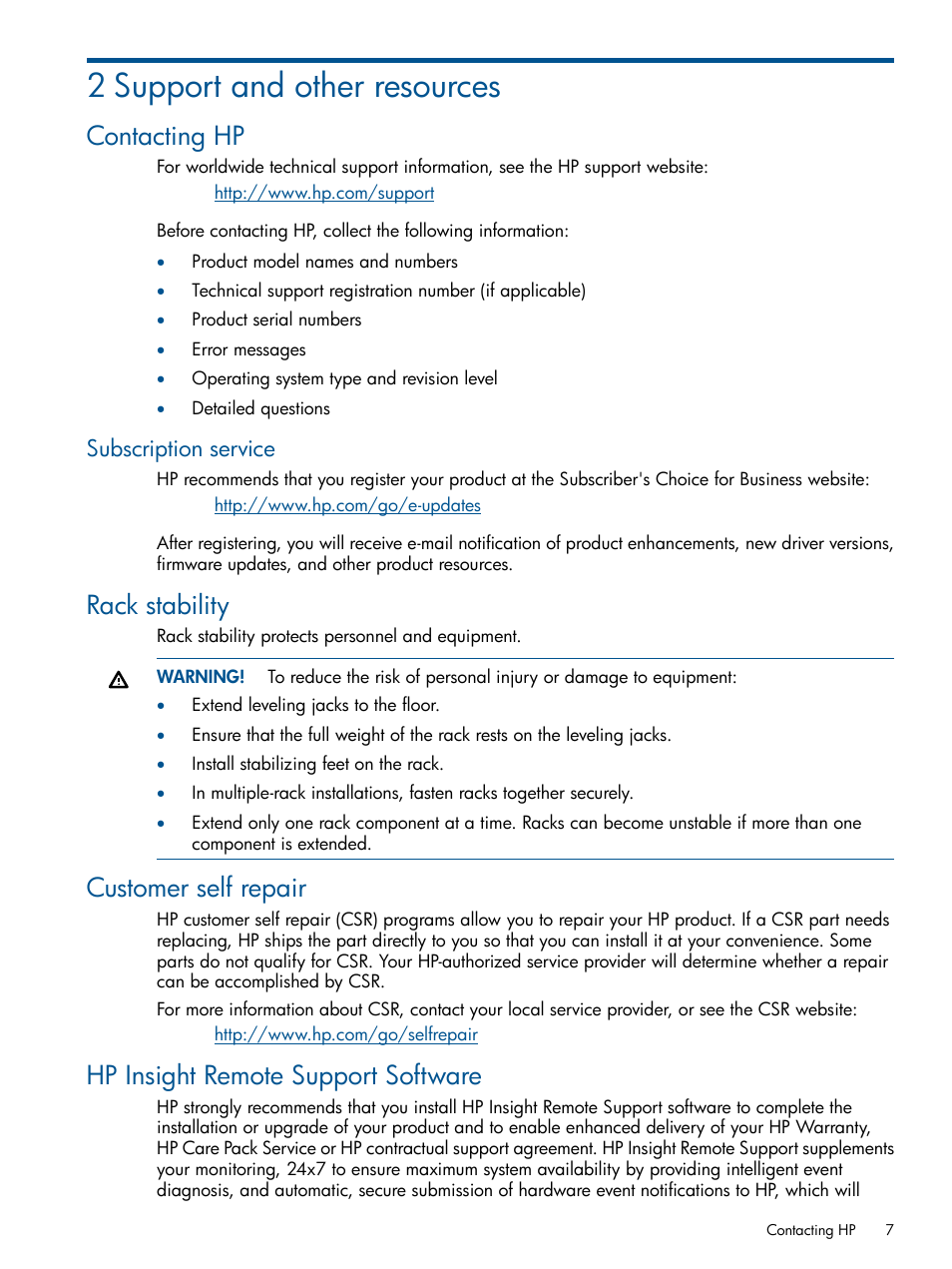 2 support and other resources, Contacting hp, Subscription service | Rack stability, Customer self repair, Hp insight remote support software | HP LeftHand P4000 SAN Solutions User Manual | Page 7 / 9