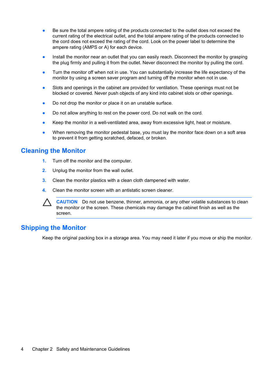 Cleaning the monitor, Shipping the monitor, Cleaning the monitor shipping the monitor | HP L2045w 20-inch Widescreen LCD Monitor User Manual | Page 10 / 52