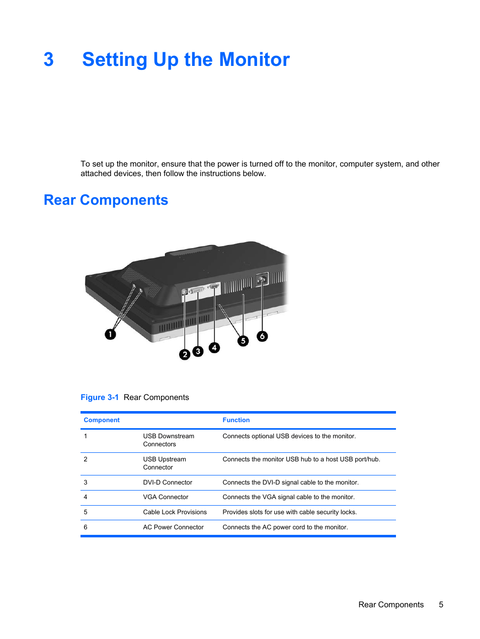 Setting up the monitor, Rear components, 3 setting up the monitor | 3setting up the monitor | HP L2045w 20-inch Widescreen LCD Monitor User Manual | Page 11 / 52