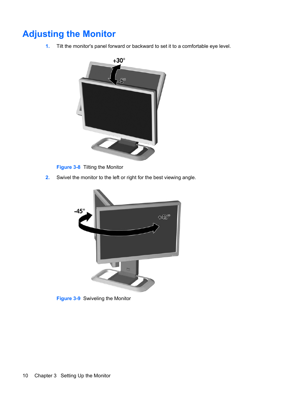 Adjusting the monitor | HP L2045w 20-inch Widescreen LCD Monitor User Manual | Page 16 / 52