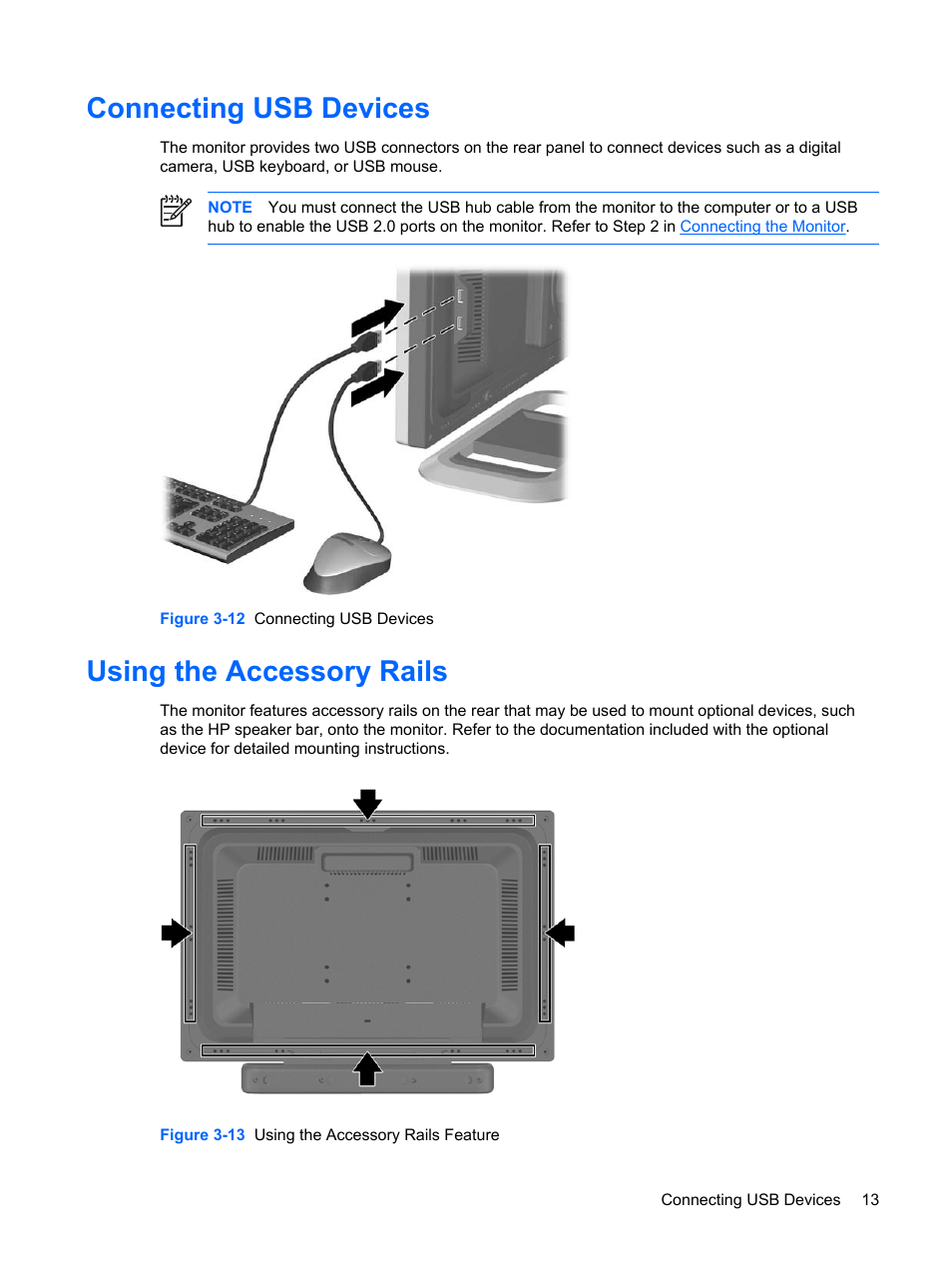 Connecting usb devices, Using the accessory rails, Connecting usb devices using the accessory rails | HP L2045w 20-inch Widescreen LCD Monitor User Manual | Page 19 / 52