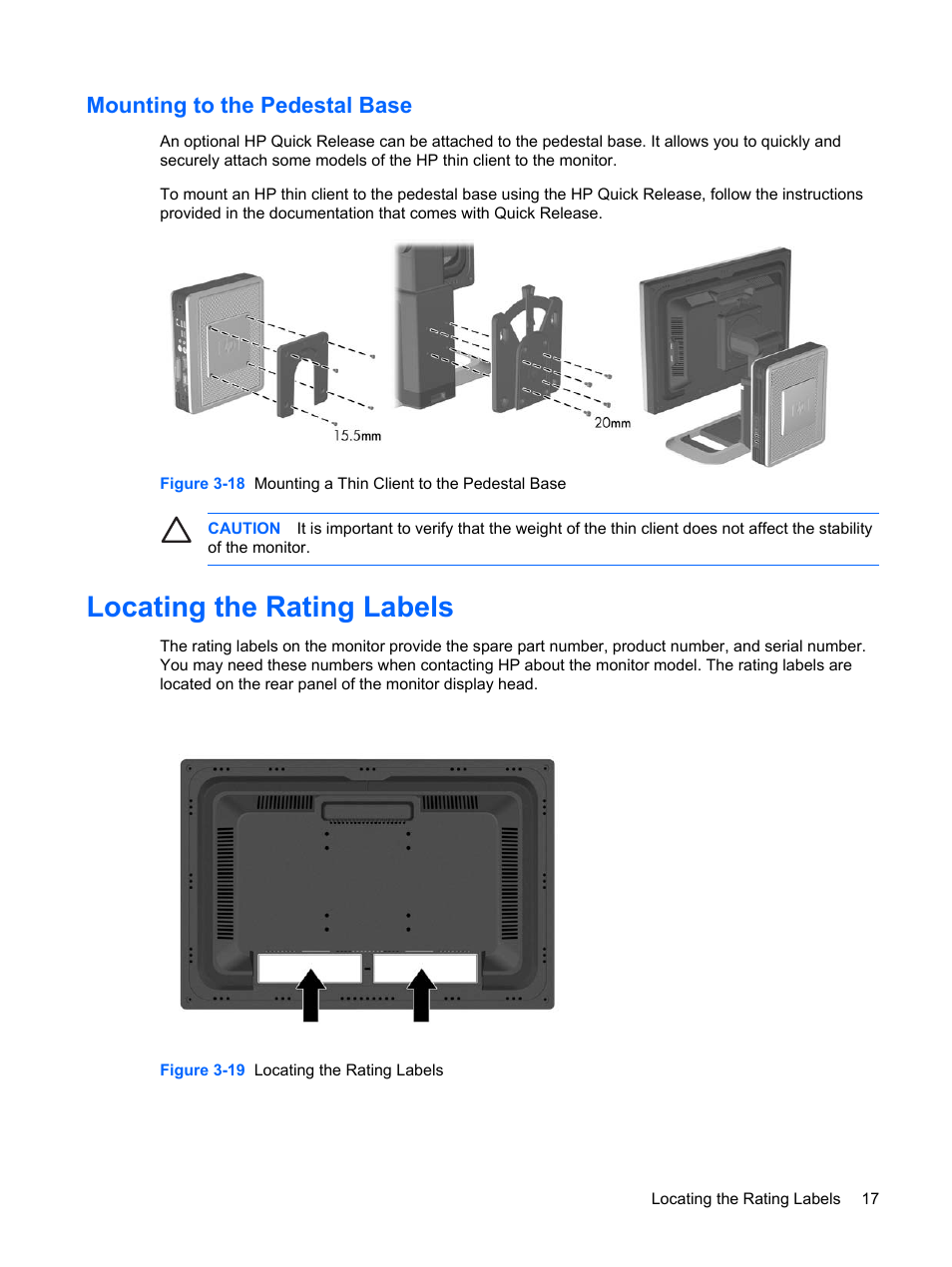 Mounting to the pedestal base, Locating the rating labels | HP L2045w 20-inch Widescreen LCD Monitor User Manual | Page 23 / 52