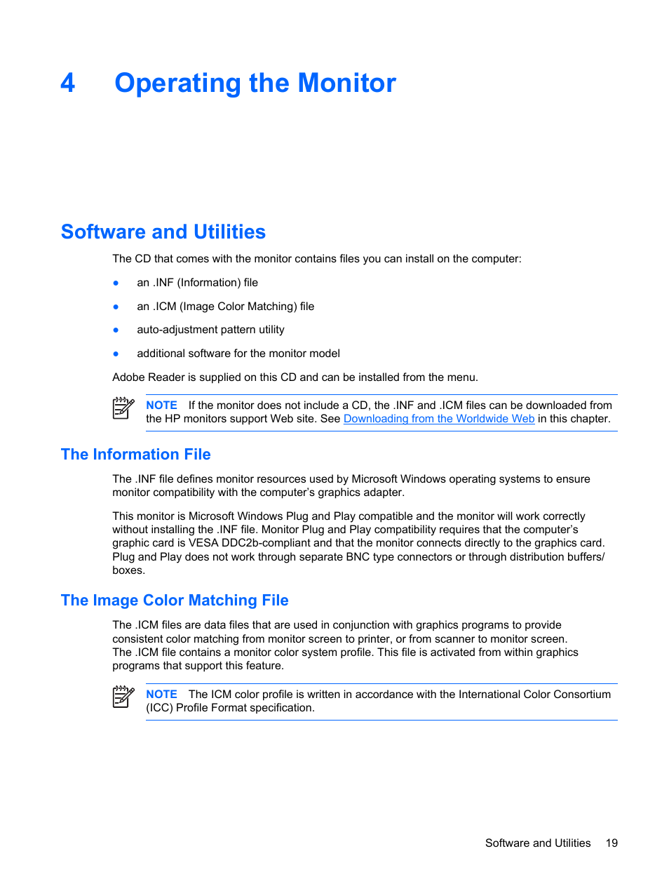 Operating the monitor, Software and utilities, The information file | The image color matching file, 4 operating the monitor, The information file the image color matching file, 4operating the monitor | HP L2045w 20-inch Widescreen LCD Monitor User Manual | Page 25 / 52