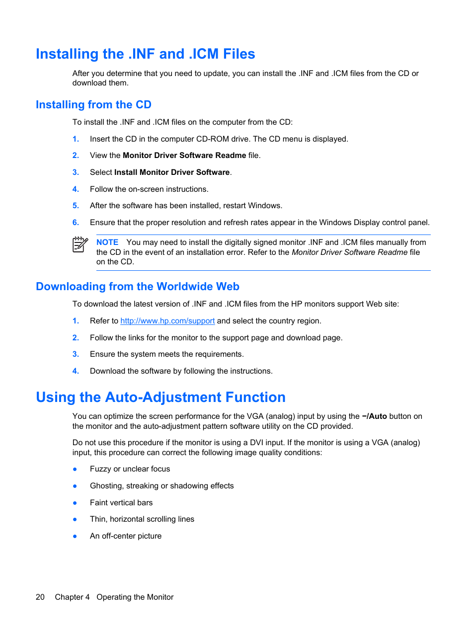 Installing the .inf and .icm files, Installing from the cd, Downloading from the worldwide web | Using the auto-adjustment function | HP L2045w 20-inch Widescreen LCD Monitor User Manual | Page 26 / 52