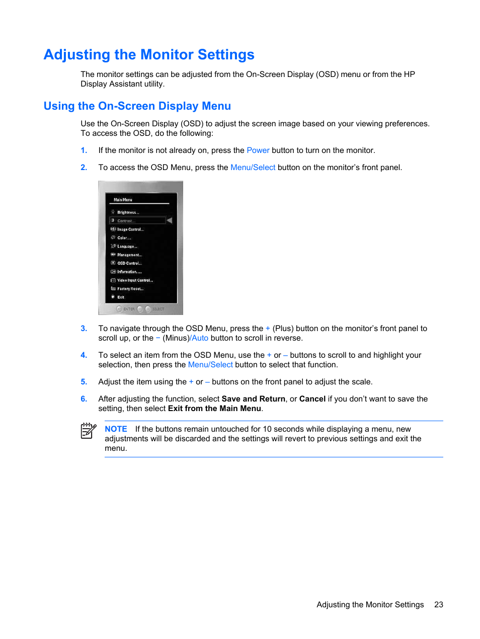 Adjusting the monitor settings, Using the on-screen display menu | HP L2045w 20-inch Widescreen LCD Monitor User Manual | Page 29 / 52