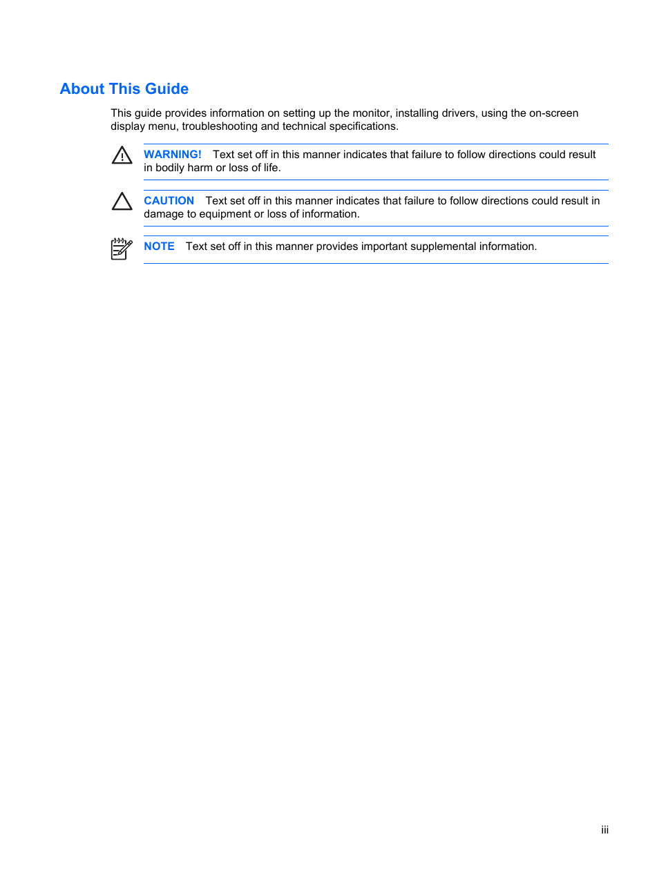 About this guide | HP L2045w 20-inch Widescreen LCD Monitor User Manual | Page 3 / 52