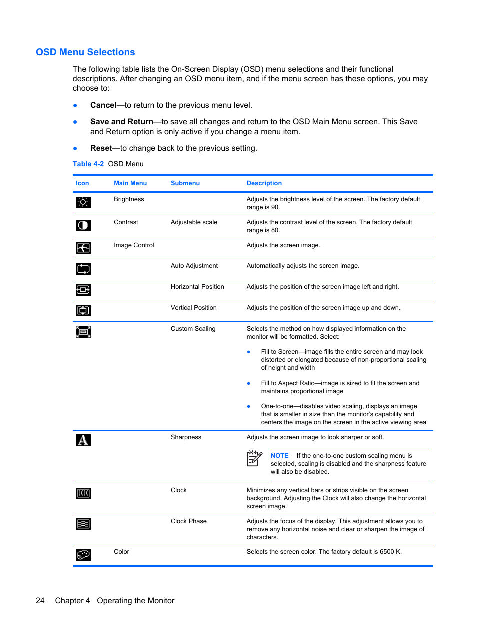Osd menu selections | HP L2045w 20-inch Widescreen LCD Monitor User Manual | Page 30 / 52