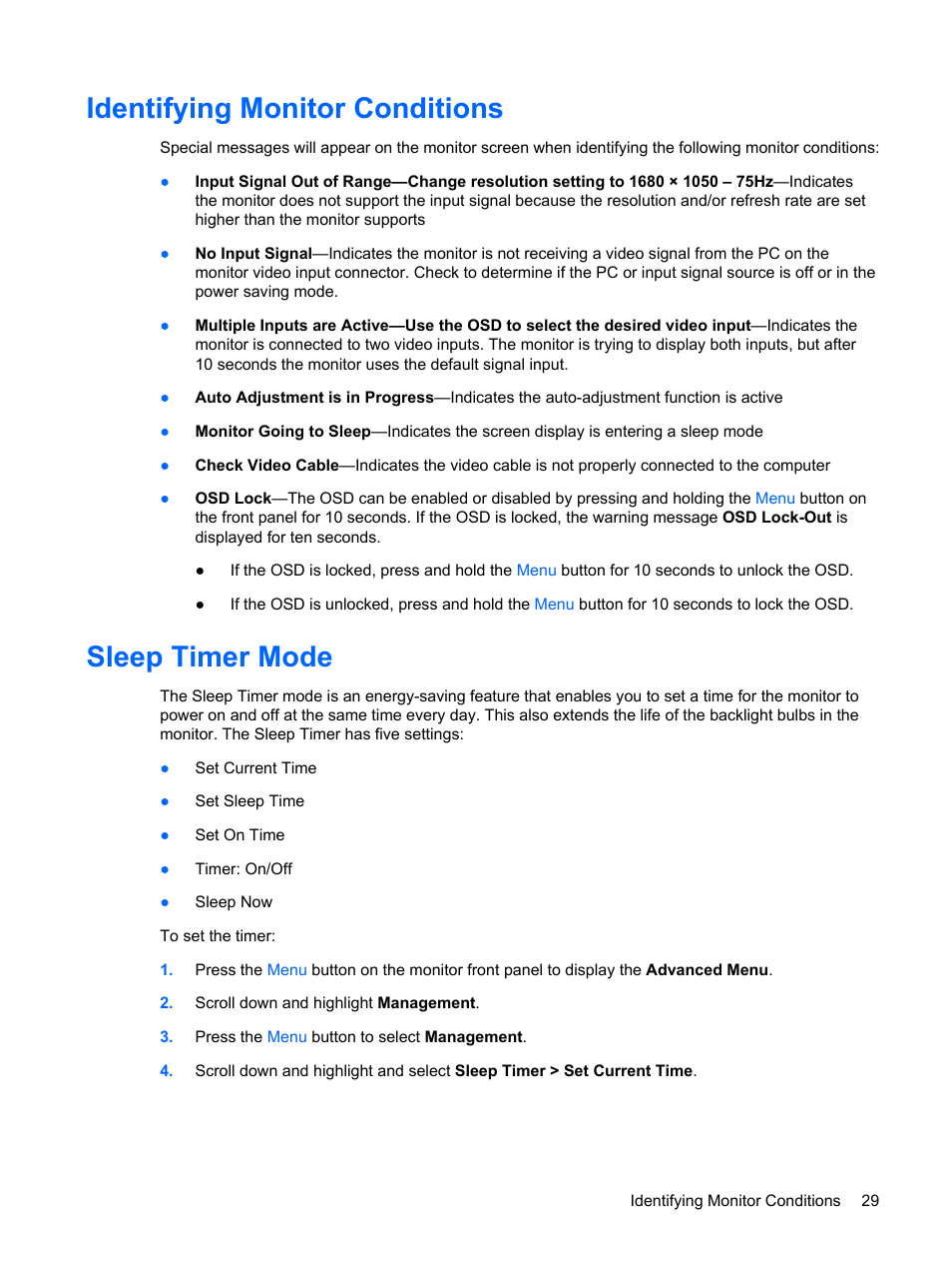 Identifying monitor conditions, Sleep timer mode, Identifying monitor conditions sleep timer mode | HP L2045w 20-inch Widescreen LCD Monitor User Manual | Page 35 / 52