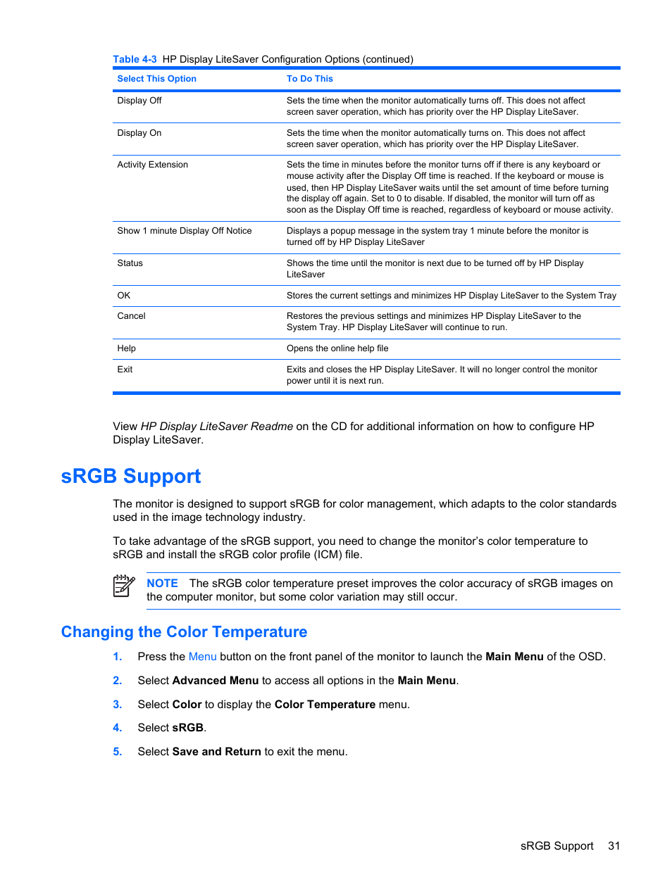 Srgb support, Changing the color temperature | HP L2045w 20-inch Widescreen LCD Monitor User Manual | Page 37 / 52