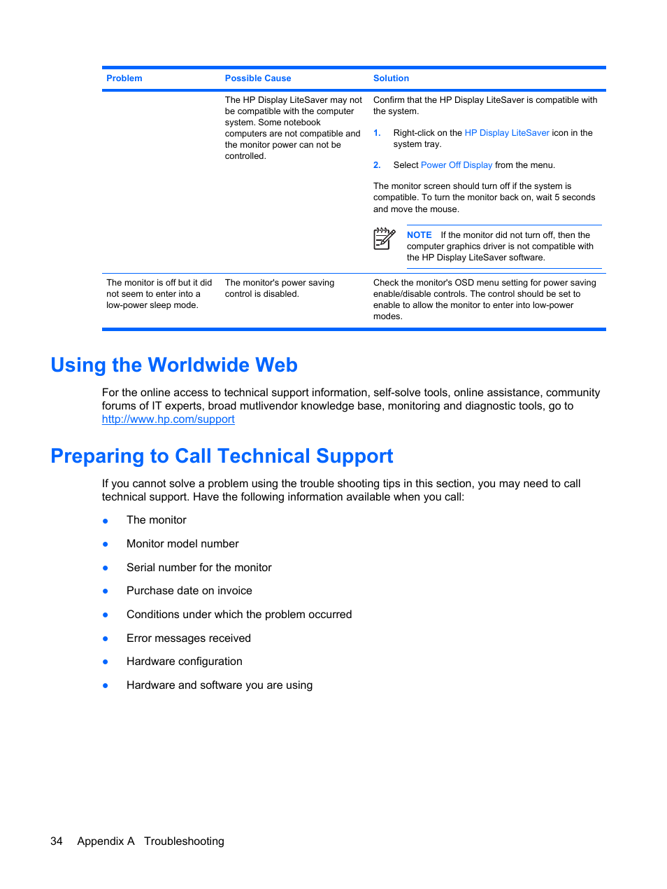 Using the worldwide web, Preparing to call technical support | HP L2045w 20-inch Widescreen LCD Monitor User Manual | Page 40 / 52