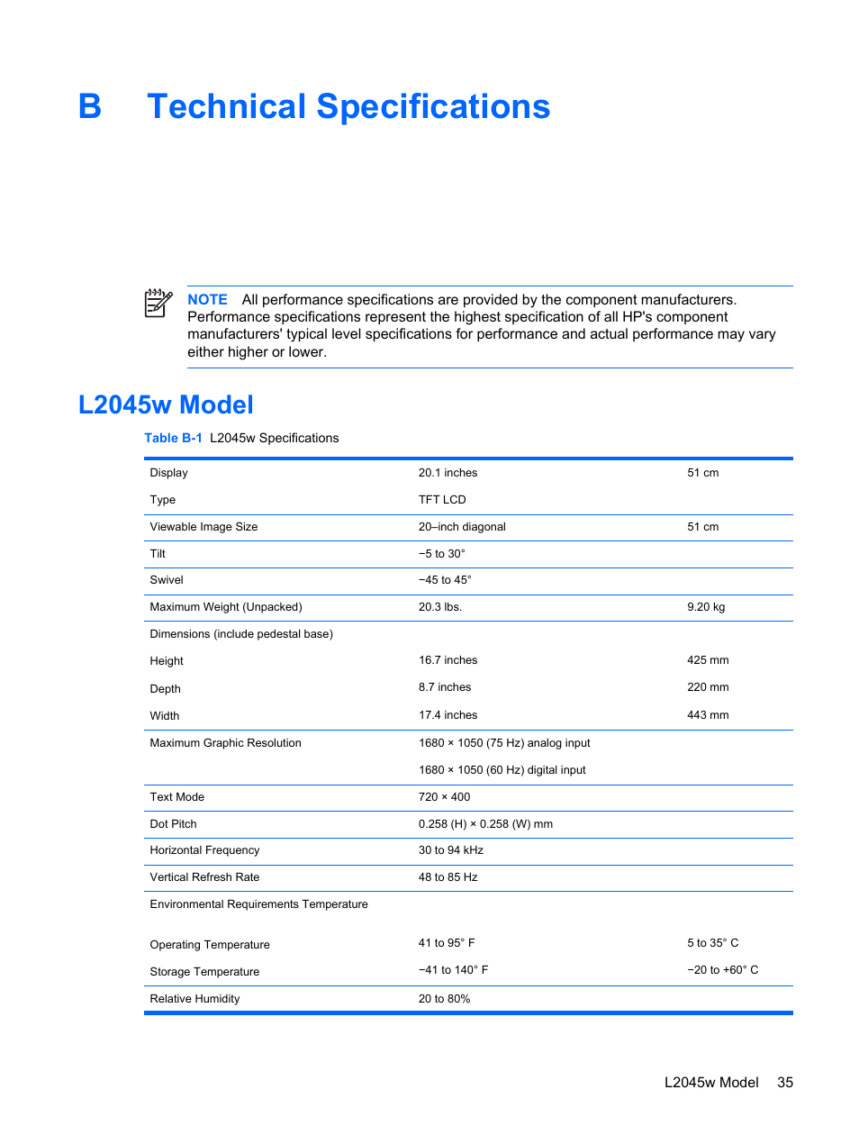 Technical specifications, L2045w model, Appendix b technical specifications | Btechnical specifications | HP L2045w 20-inch Widescreen LCD Monitor User Manual | Page 41 / 52