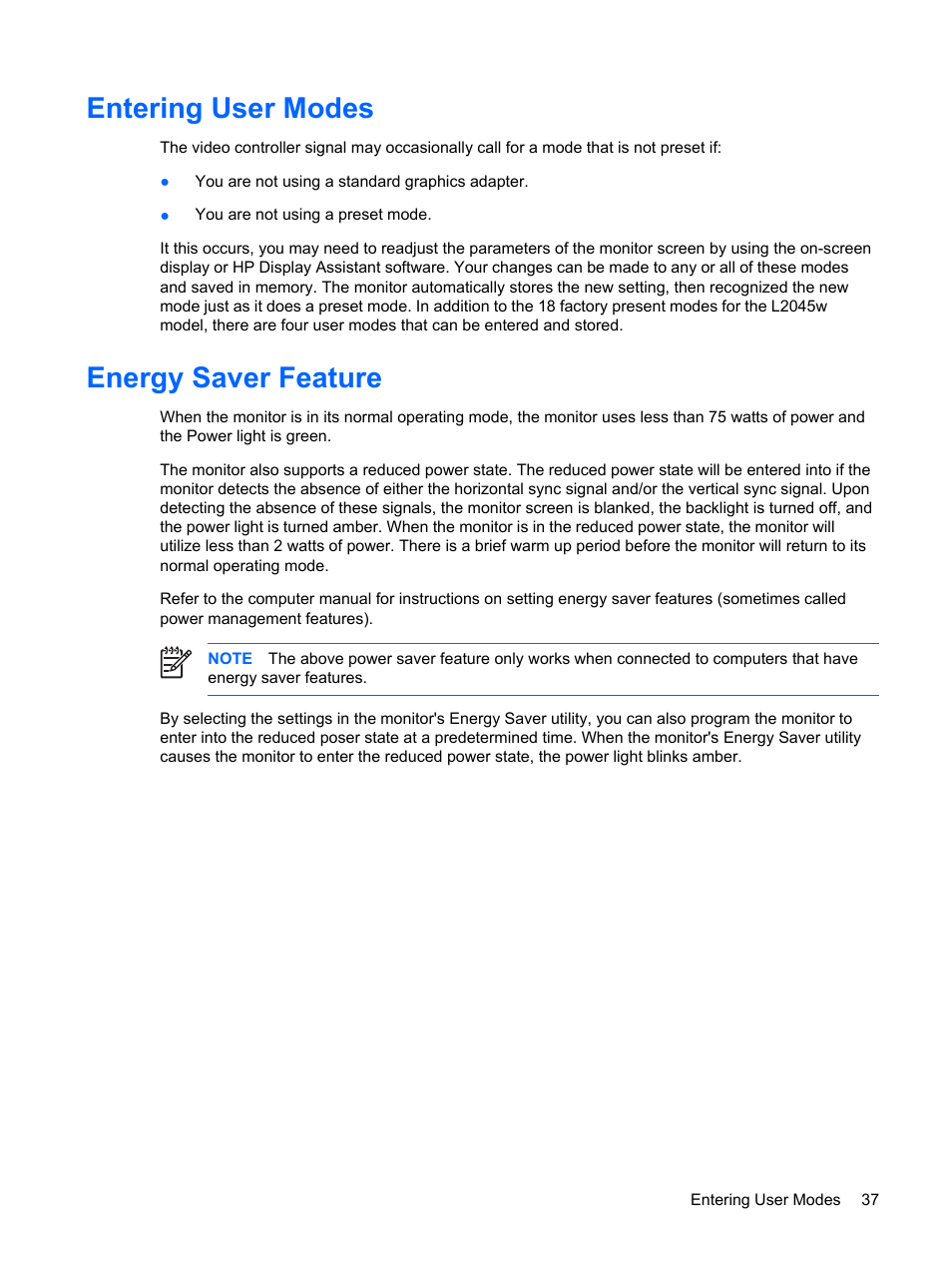 Entering user modes, Energy saver feature, Entering user modes energy saver feature | HP L2045w 20-inch Widescreen LCD Monitor User Manual | Page 43 / 52