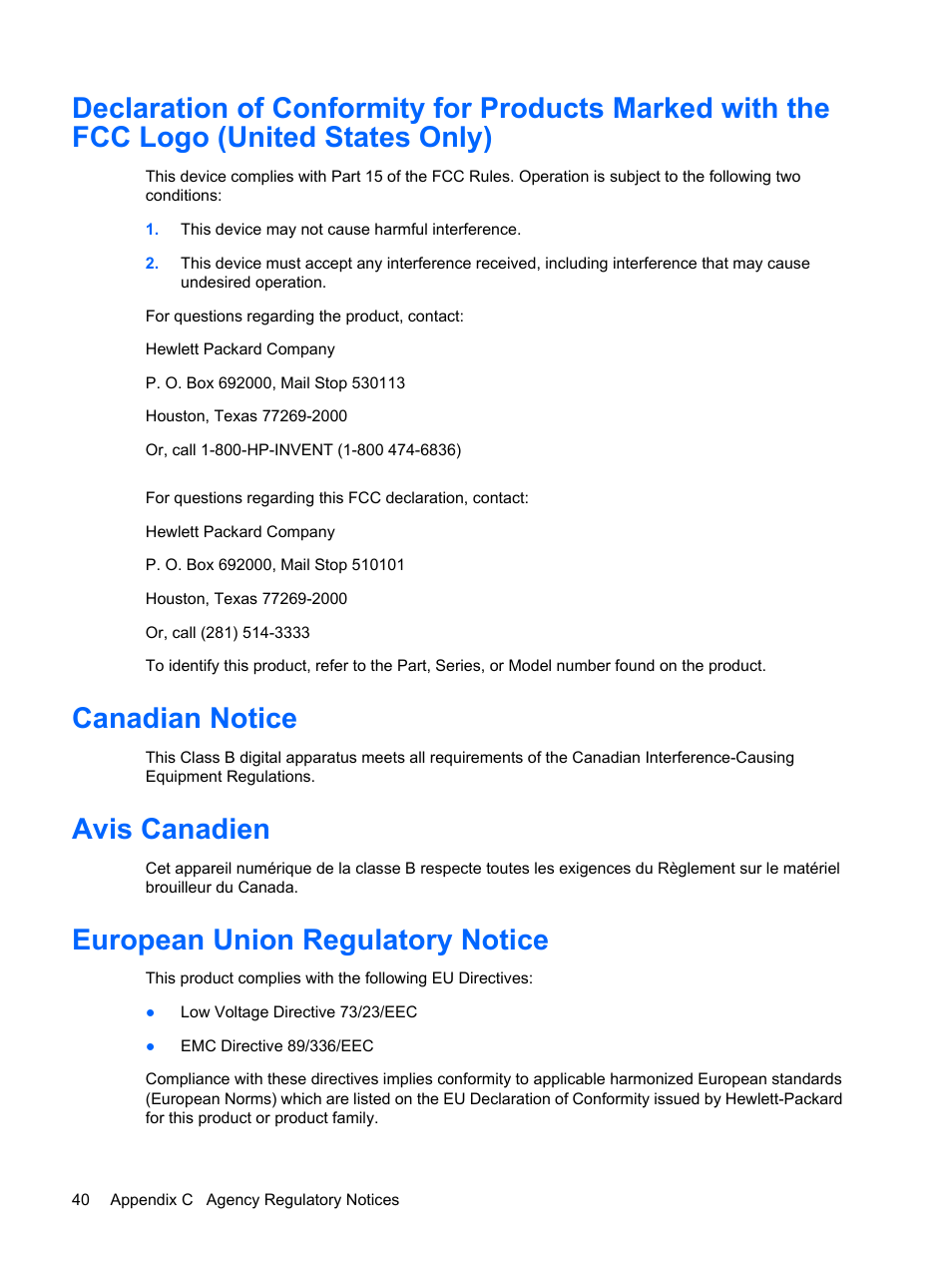 Canadian notice, Avis canadien, European union regulatory notice | HP L2045w 20-inch Widescreen LCD Monitor User Manual | Page 46 / 52