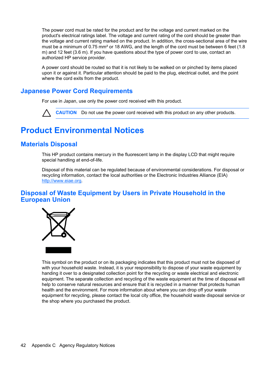 Japanese power cord requirements, Product environmental notices, Materials disposal | HP L2045w 20-inch Widescreen LCD Monitor User Manual | Page 48 / 52