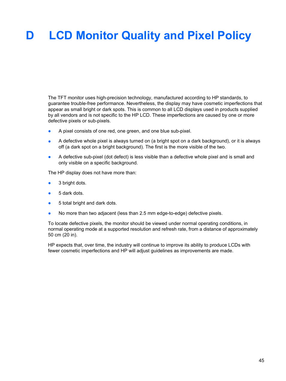 Lcd monitor quality and pixel policy, Appendix d lcd monitor quality and pixel policy, Dlcd monitor quality and pixel policy | HP L2045w 20-inch Widescreen LCD Monitor User Manual | Page 51 / 52