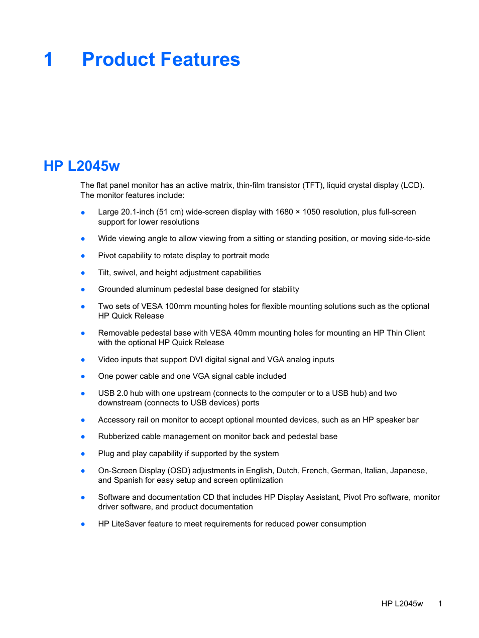 Product features, Hp l2045w, 1 product features | 1product features | HP L2045w 20-inch Widescreen LCD Monitor User Manual | Page 7 / 52