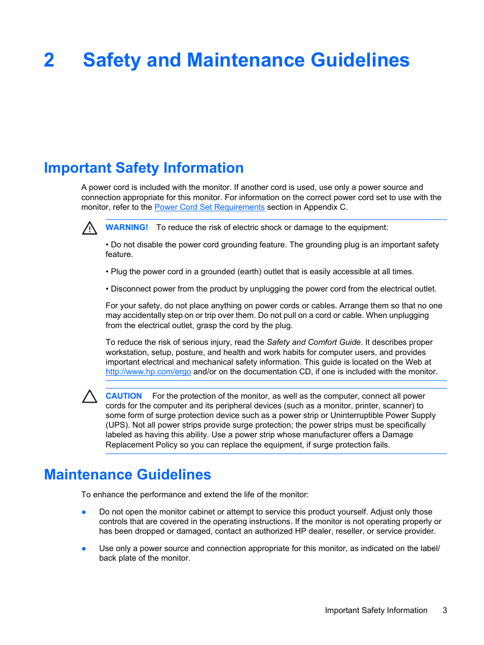 Safety and maintenance guidelines, Important safety information, Maintenance guidelines | 2 safety and maintenance guidelines, 2safety and maintenance guidelines | HP L2045w 20-inch Widescreen LCD Monitor User Manual | Page 9 / 52