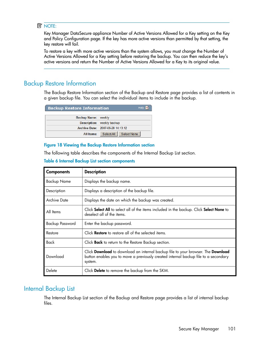 Backup restore information, Internal backup list, 101 internal backup list | Viewing the backup restore information section, Internal backup list section components, Restore backup information | HP Secure Key Manager User Manual | Page 101 / 352