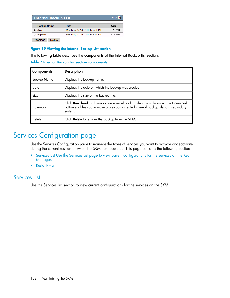 Services list, Viewing the internal backup list section, Internal backup list section components | Services configuration page | HP Secure Key Manager User Manual | Page 102 / 352