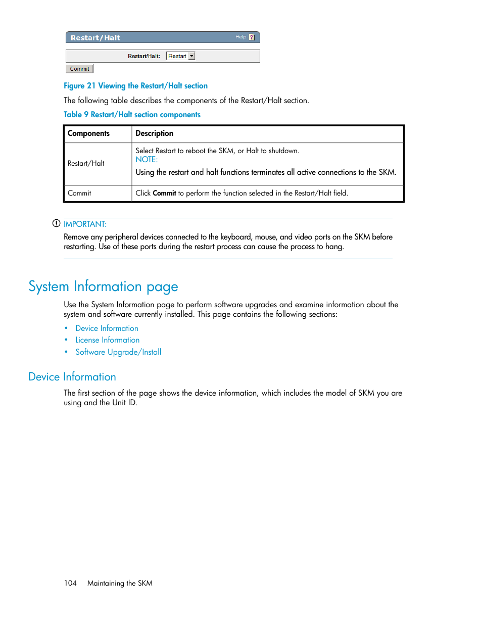 Device information, Viewing the restart/halt section, Restart/halt section components | System information page | HP Secure Key Manager User Manual | Page 104 / 352