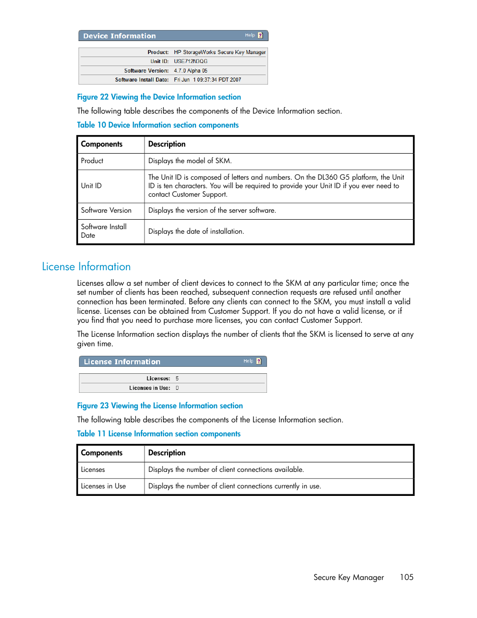 License information, Viewing the device information section, Viewing the license information section | Device information section components, License information section components | HP Secure Key Manager User Manual | Page 105 / 352