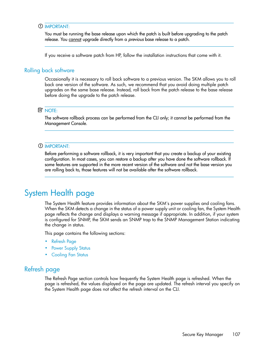 Rolling back software, System health page, Refresh page | HP Secure Key Manager User Manual | Page 107 / 352