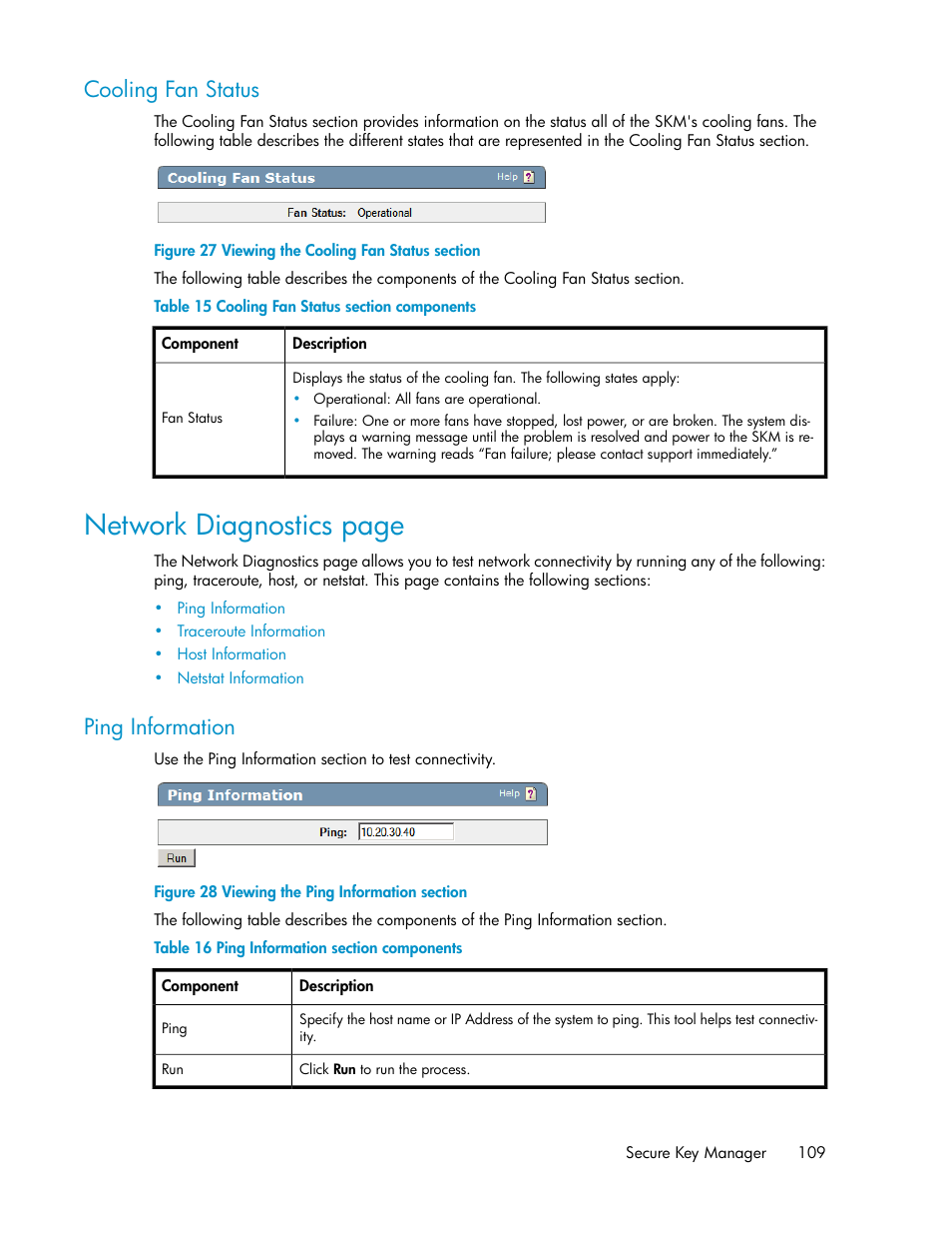 Cooling fan status, Ping information, Viewing the cooling fan status section | Viewing the ping information section, Cooling fan status section components, Ping information section components, Network diagnostics page | HP Secure Key Manager User Manual | Page 109 / 352