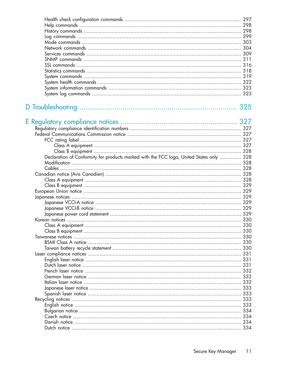 D troubleshooting e regulatory compliance notices | HP Secure Key Manager User Manual | Page 11 / 352