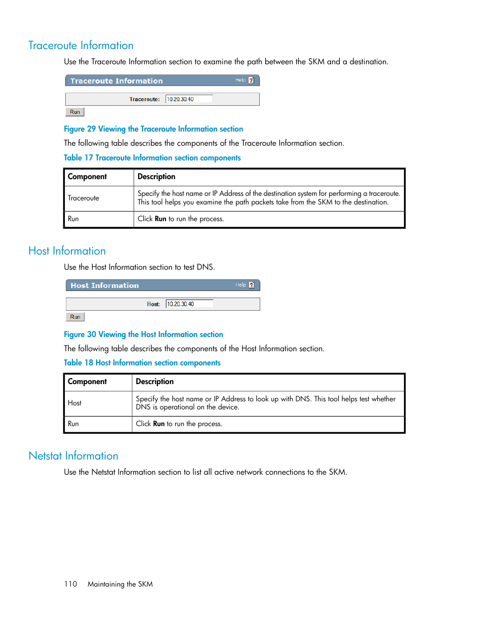 Traceroute information, Host information, Netstat information | 110 host information, 110 netstat information, Viewing the traceroute information section, Viewing the host information section, Traceroute information section components, Host information section components | HP Secure Key Manager User Manual | Page 110 / 352