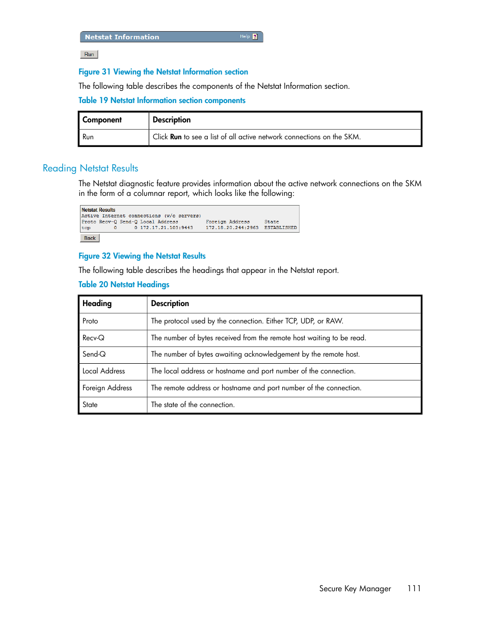 Reading netstat results, Viewing the netstat information section, Viewing the netstat results | Netstat information section components, Netstat headings | HP Secure Key Manager User Manual | Page 111 / 352