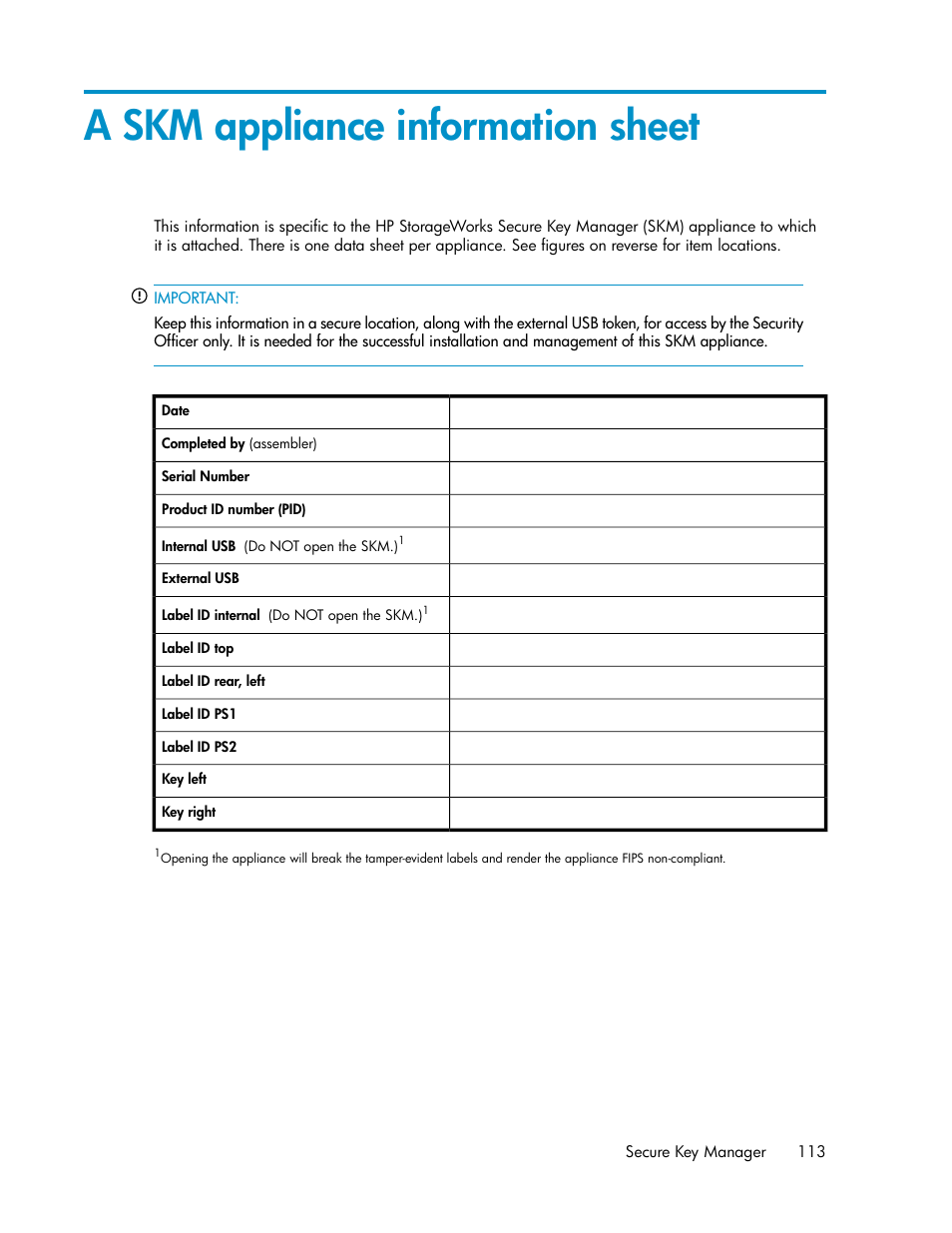 A skm appliance information sheet | HP Secure Key Manager User Manual | Page 113 / 352