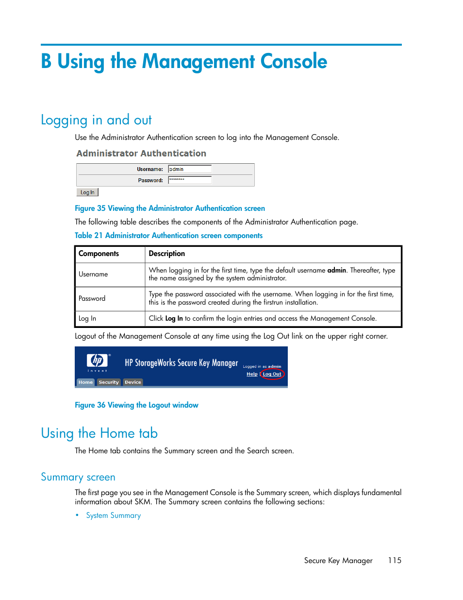 B using the management console, Logging in and out, Using the home tab | Summary screen, 115 using the home tab, Viewing the administrator authentication screen, Viewing the logout window, Administrator authentication screen components | HP Secure Key Manager User Manual | Page 115 / 352