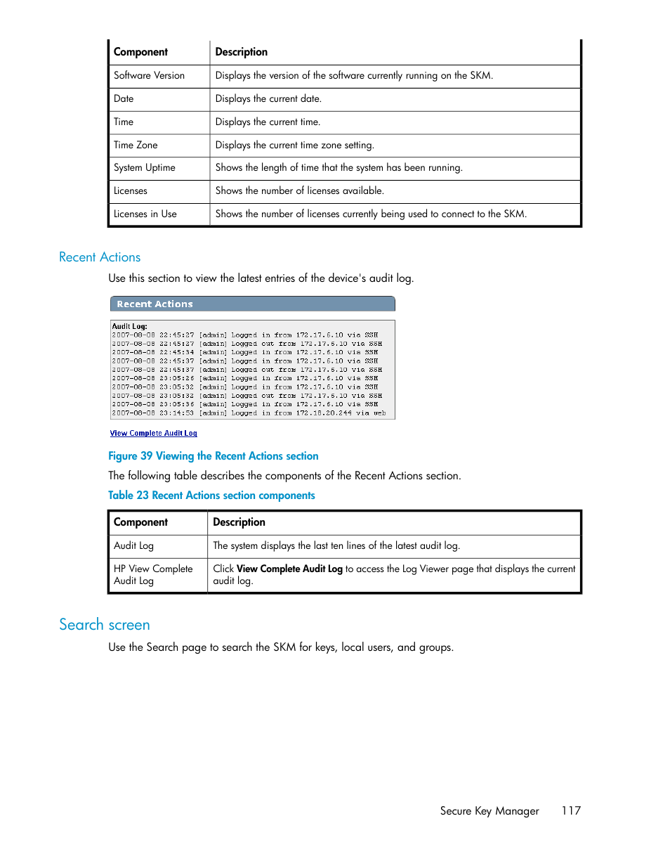 Recent actions, Search screen, Viewing the recent actions section | Recent actions section components | HP Secure Key Manager User Manual | Page 117 / 352