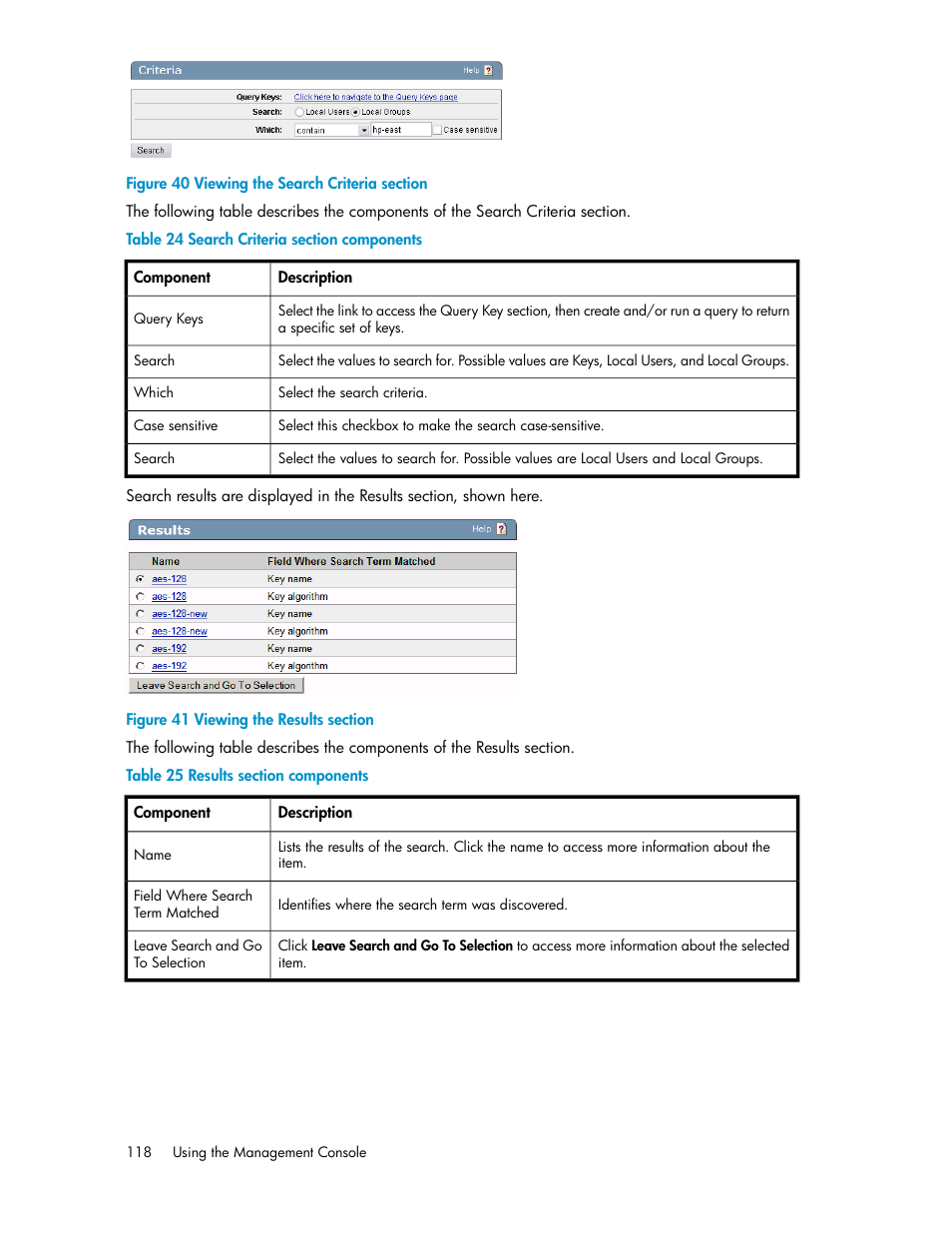 Viewing the search criteria section, Viewing the results section, Search criteria section components | Results section components | HP Secure Key Manager User Manual | Page 118 / 352