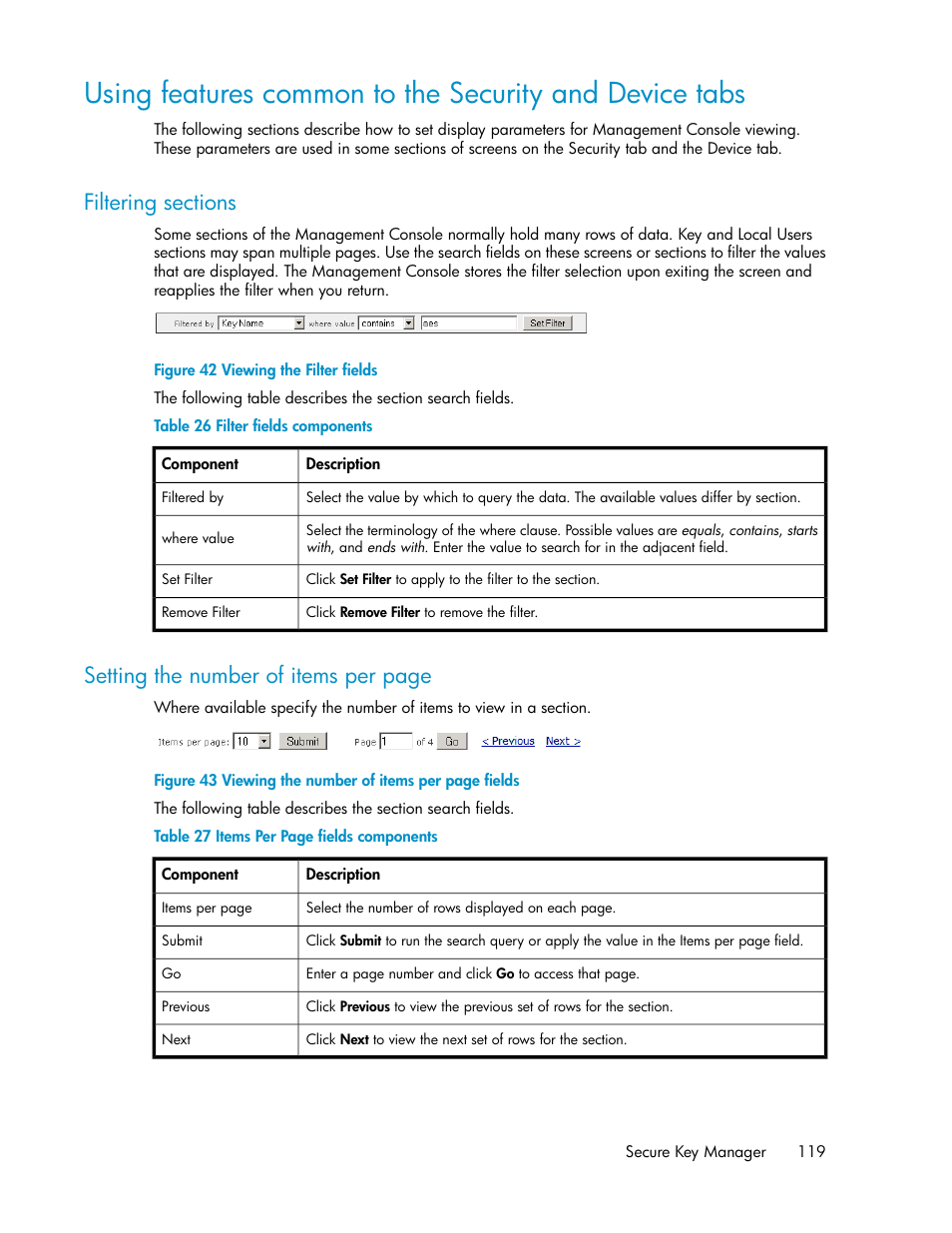 Filtering sections, Viewing the filter fields, Filter fields components | Setting the number of items per page | HP Secure Key Manager User Manual | Page 119 / 352