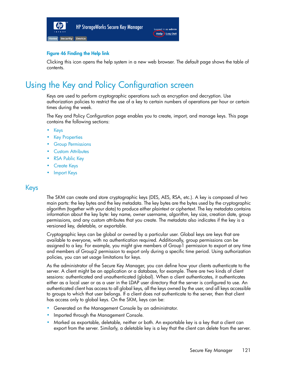 Using the key and policy configuration screen, Keys, Finding the help link | HP Secure Key Manager User Manual | Page 121 / 352