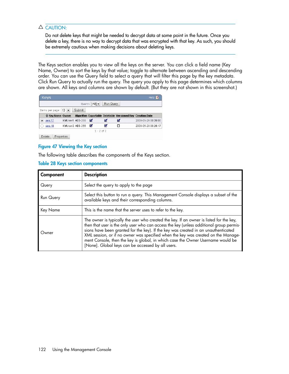 Viewing the key section, Keys section components | HP Secure Key Manager User Manual | Page 122 / 352