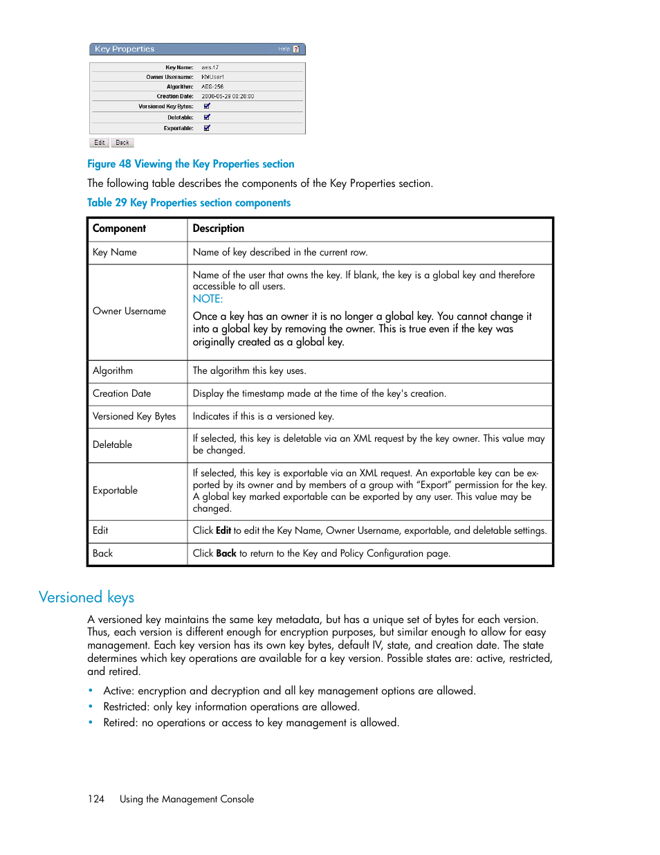 Versioned keys, Viewing the key properties section, Key properties section components | HP Secure Key Manager User Manual | Page 124 / 352