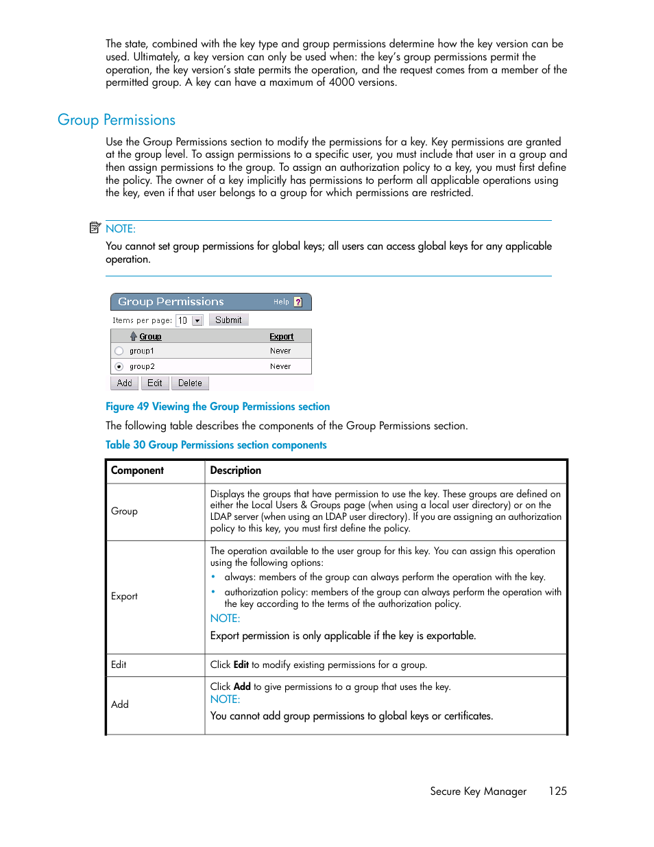 Group permissions, Viewing the group permissions section, Group permissions section components | HP Secure Key Manager User Manual | Page 125 / 352