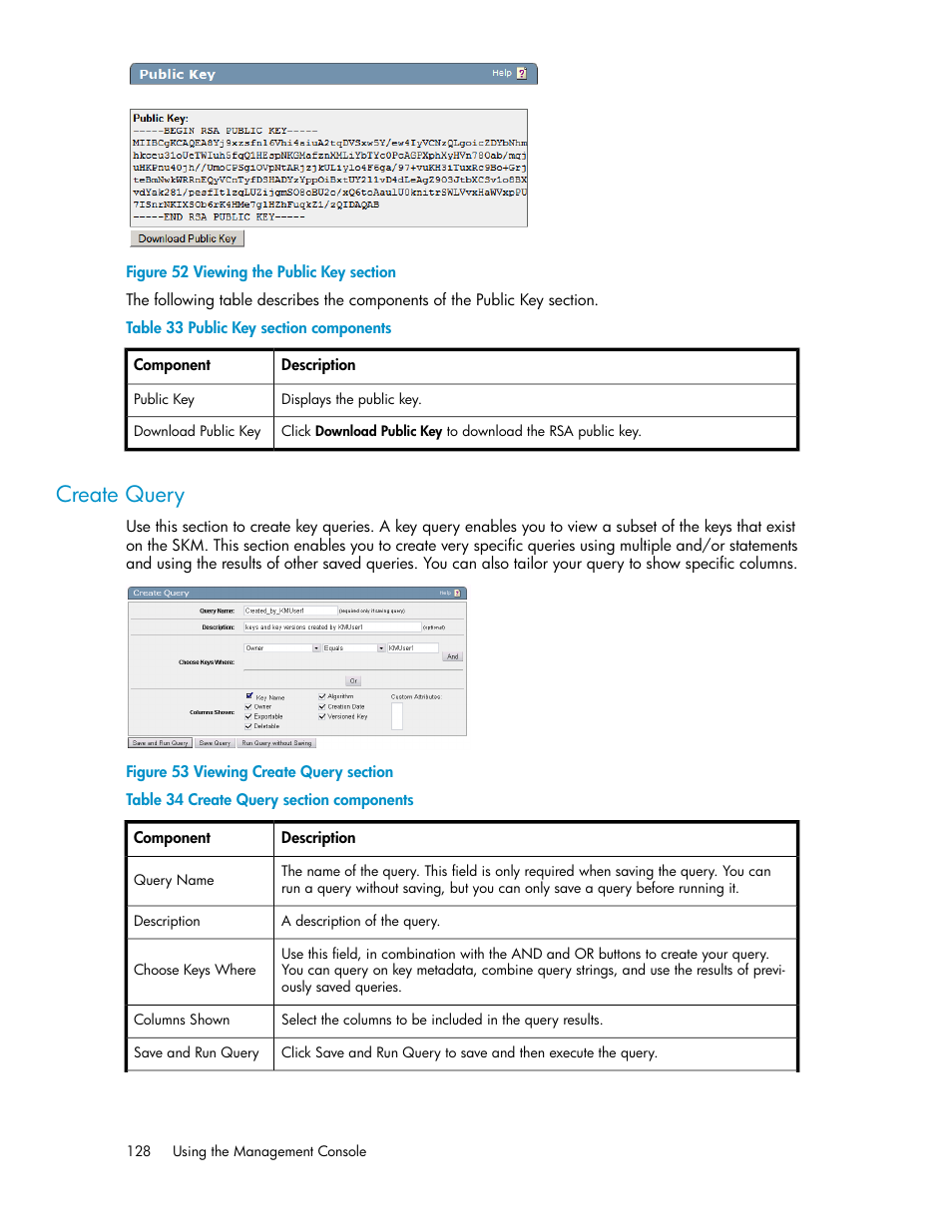 Create query, Viewing the public key section, Viewing create query section | Public key section components, Create query section components | HP Secure Key Manager User Manual | Page 128 / 352