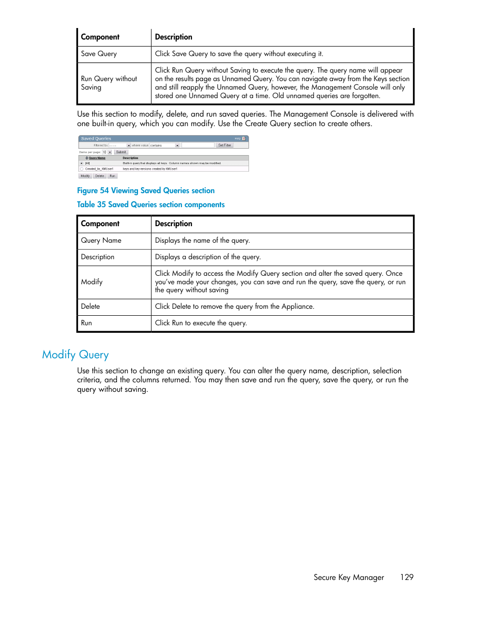 Modify query, Viewing saved queries section, Saved queries section components | HP Secure Key Manager User Manual | Page 129 / 352