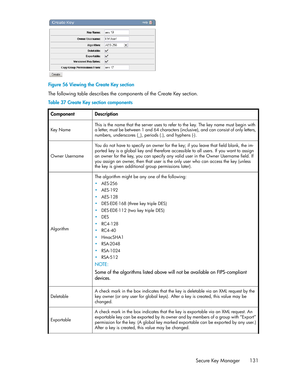 Viewing the create key section, Create key section components | HP Secure Key Manager User Manual | Page 131 / 352