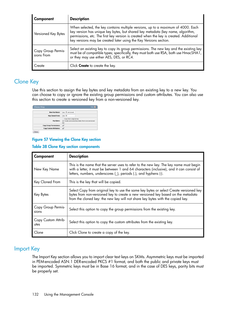 Clone key, Import key, 132 import key | Viewing the clone key section, Clone key section components, Import keys | HP Secure Key Manager User Manual | Page 132 / 352