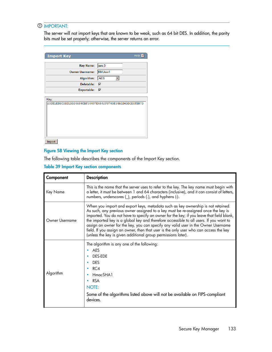 Viewing the import key section, Import key section components | HP Secure Key Manager User Manual | Page 133 / 352